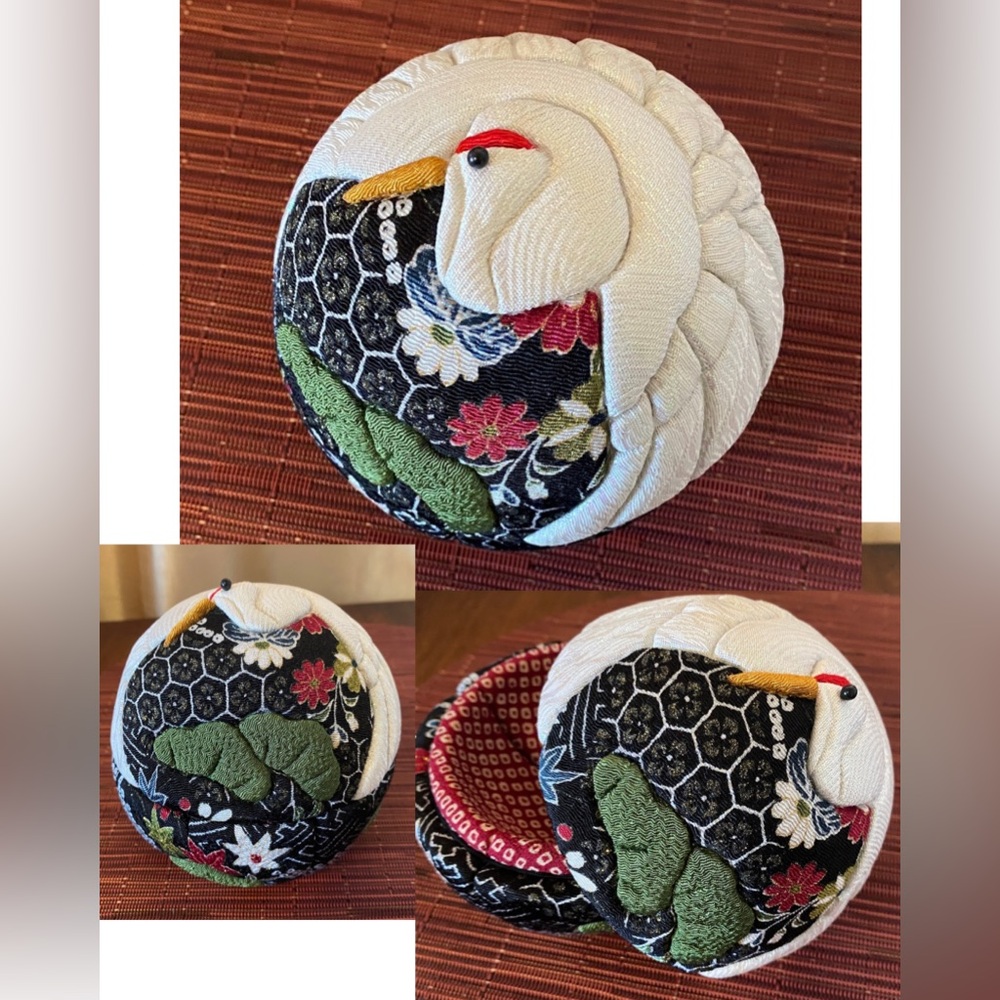 Japanese Kimekomi Crane Trinket Box Sphere Handmade Fabric Art Container 4.5”